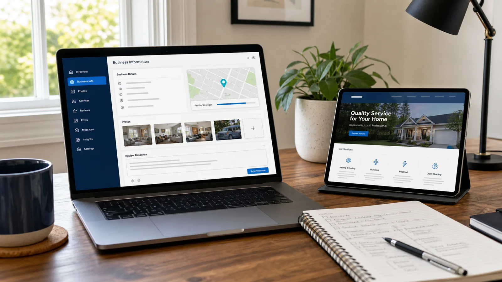 Small-business SEO workspace showing technical health, local visibility, reviews, citations, backlinks, and measured search performance