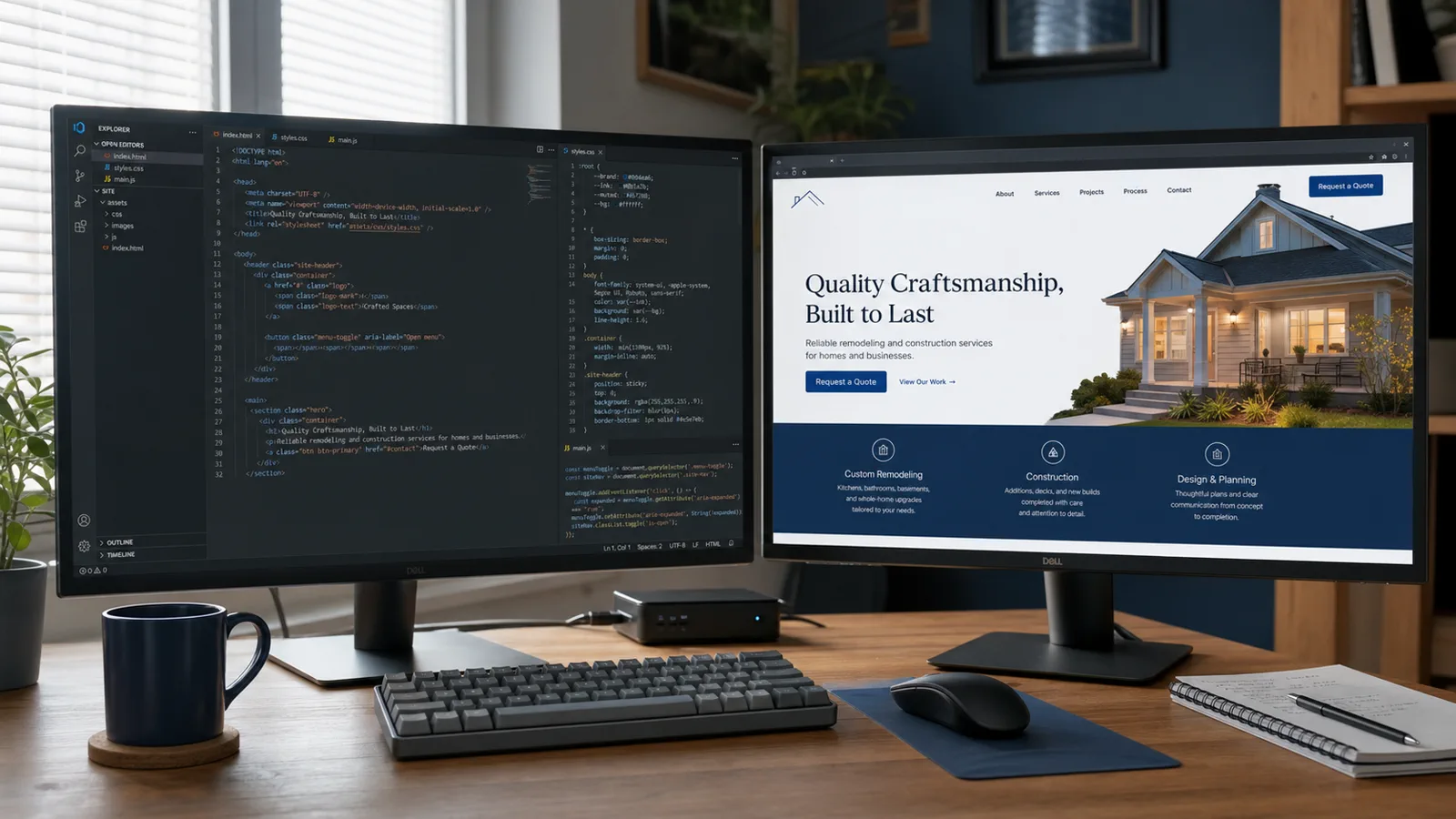 Dual-monitor website development workspace with code on one screen and a contractor website on the other