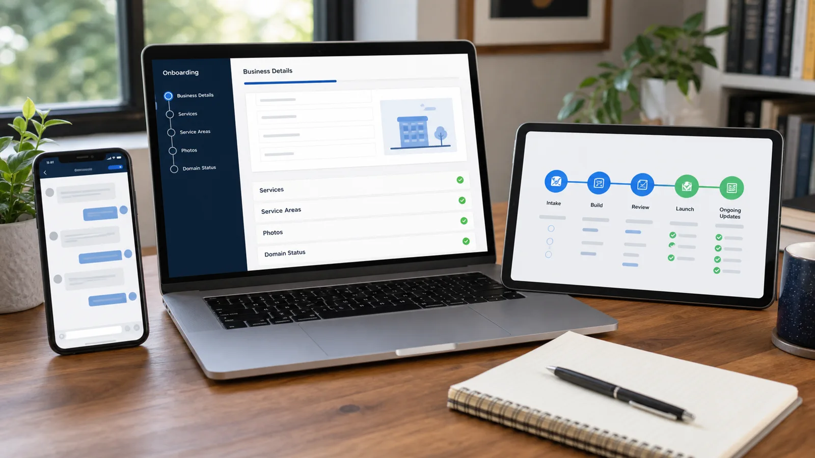 Managed website onboarding workspace with an intake form, project timeline, and support request preview