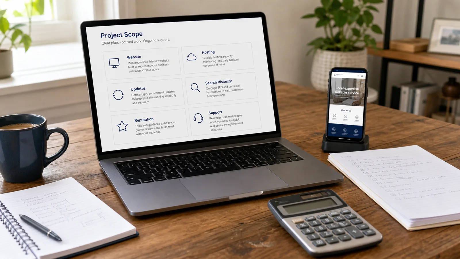Managed website scope-planning workspace with a service outline, calculator, and mobile website preview